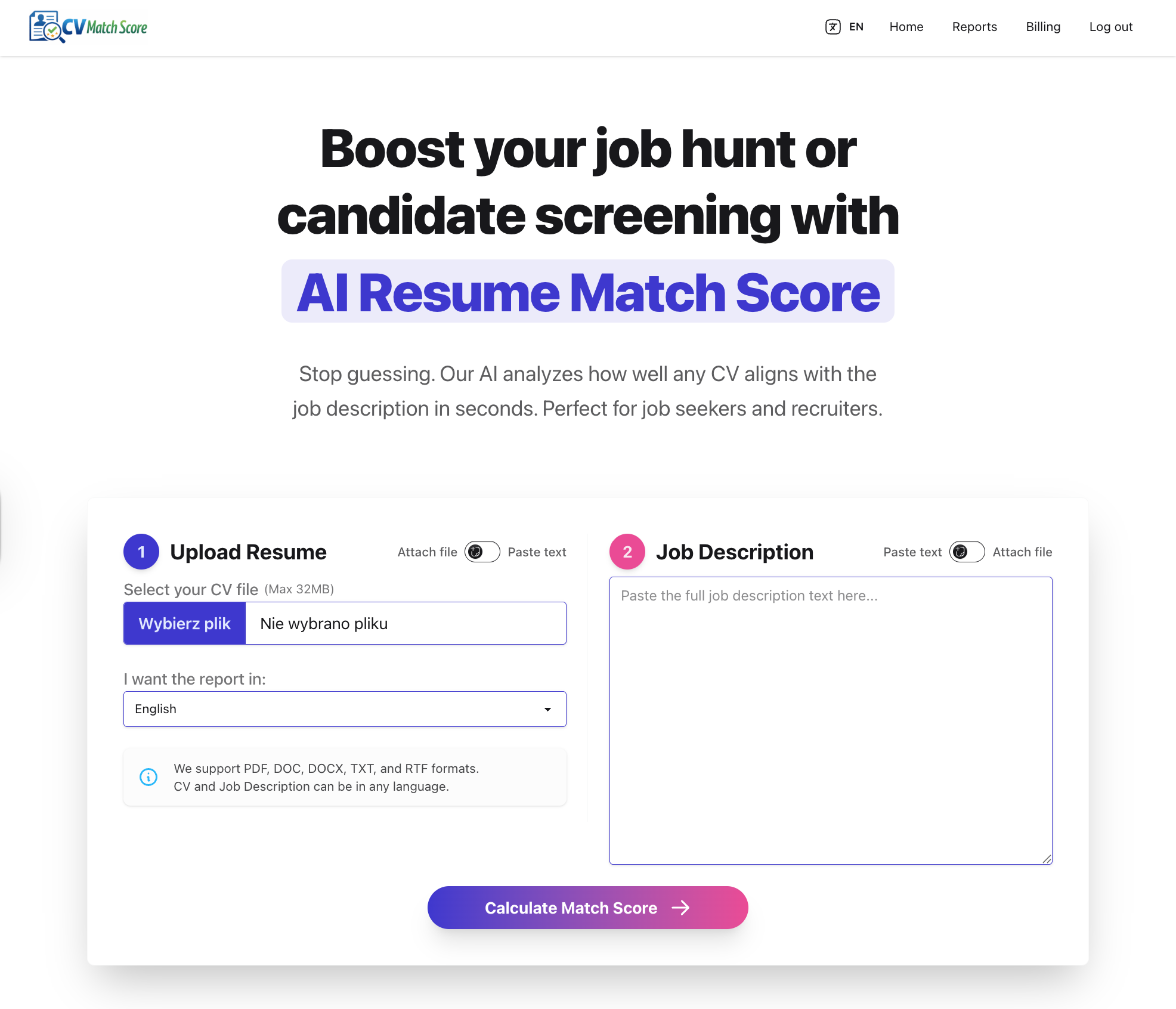 Screenshot 1 of CVMatchScore.com - Resume vs Job Match