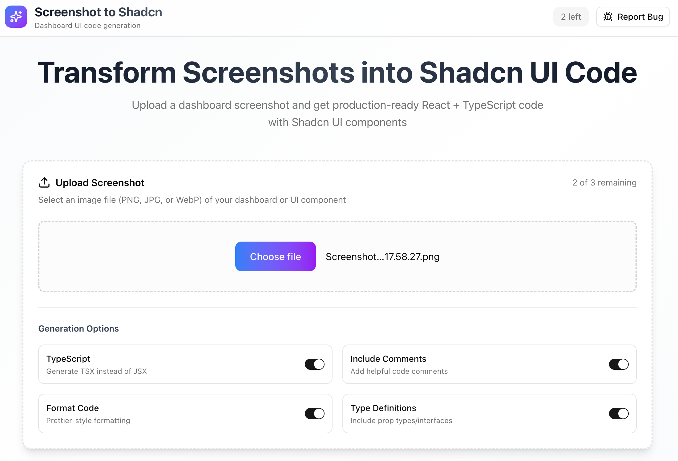 Screenshot 1 of Transform Screenshots into Shadcn UI Cod