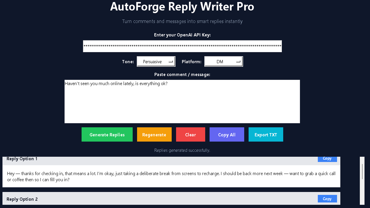 Screenshot 2 of AutoForge Reply Writer Pro