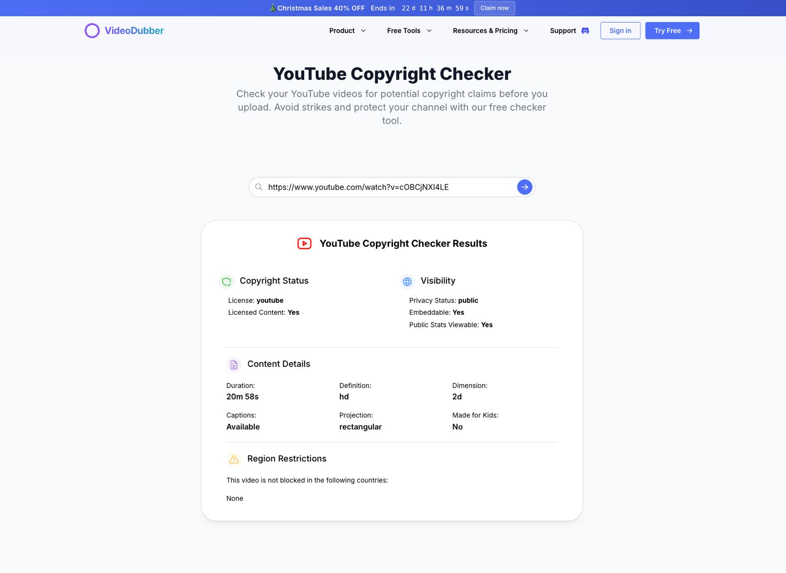 Screenshot 1 of VideoDubber's YouTube Copyright Checker