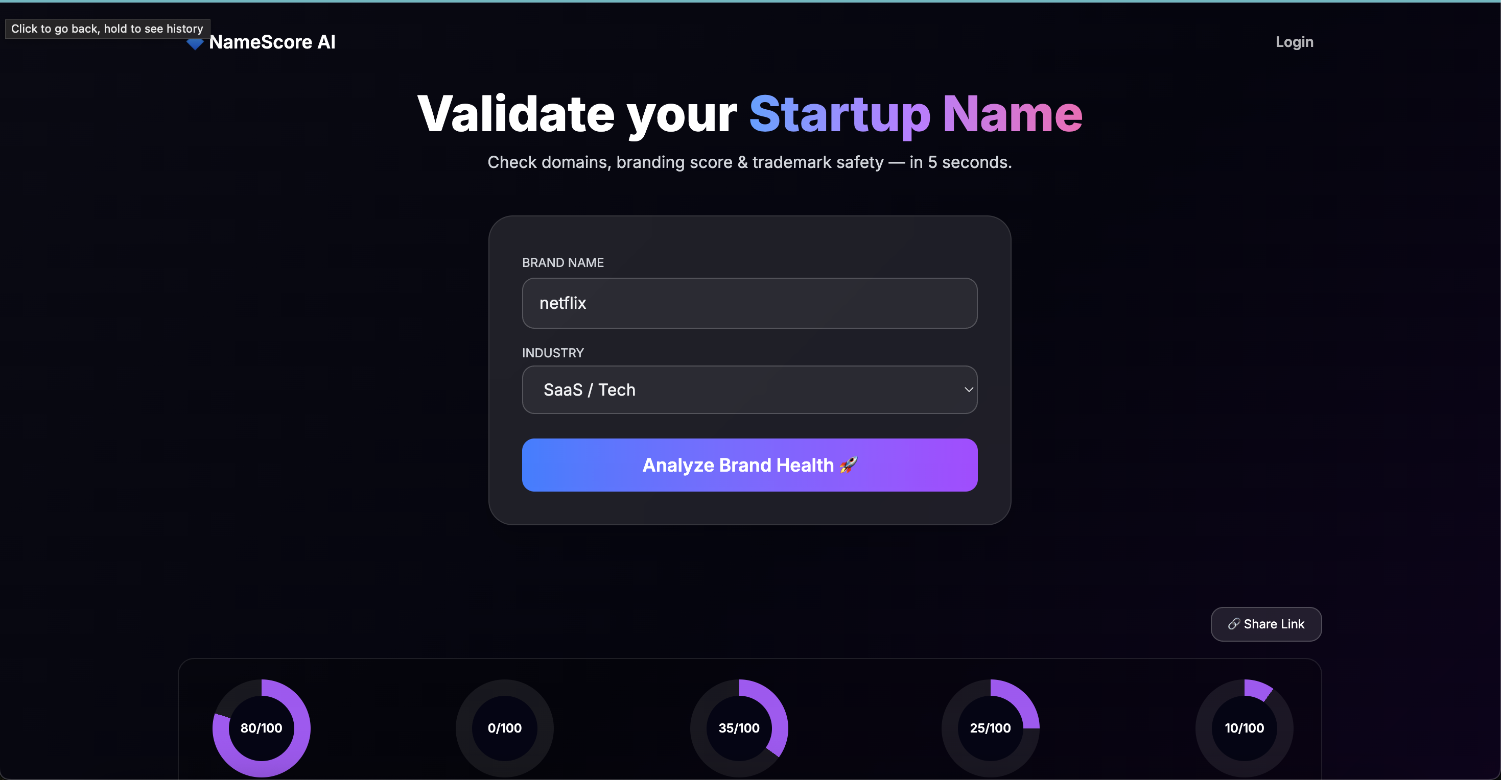 Screenshot 1 of NameScore AI – Validate your Startup Nam
