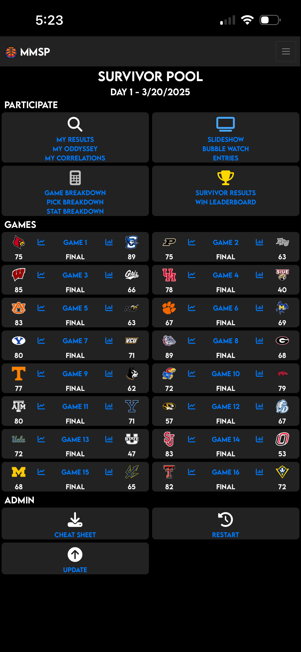 Screenshot 1 of March Madness Survivor Pool