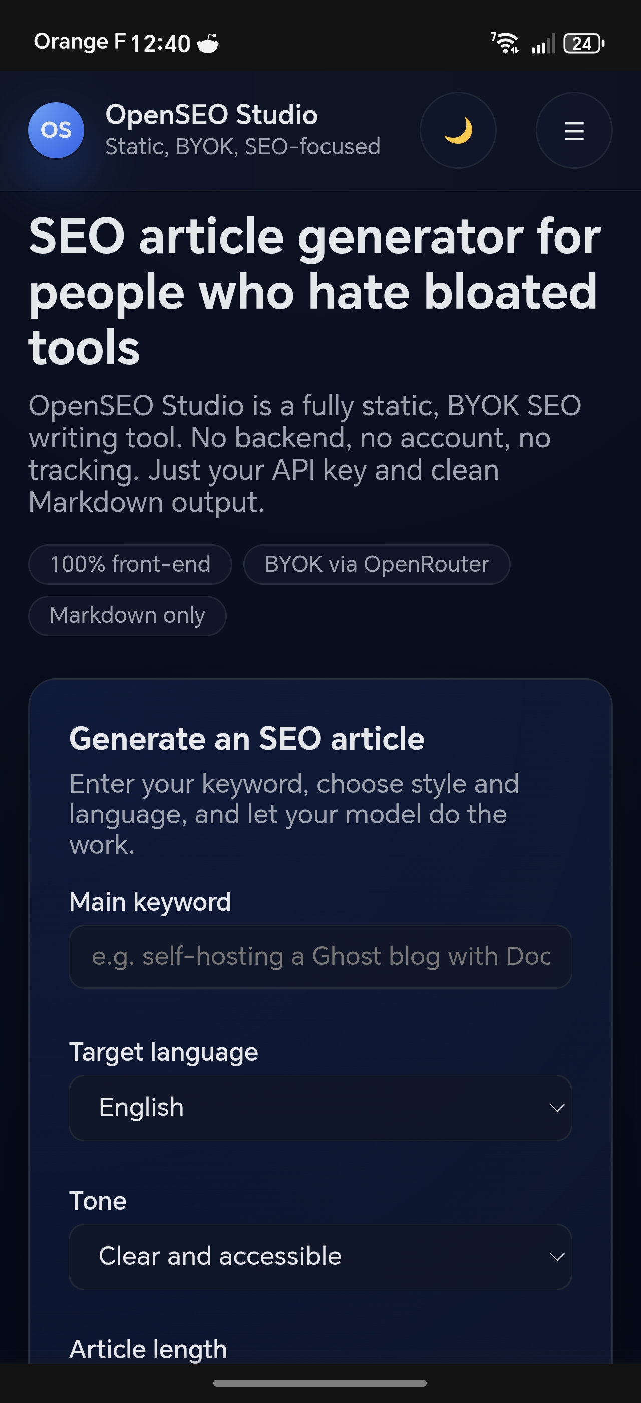 Screenshot 1 of OpenSEO Studio – Article generator