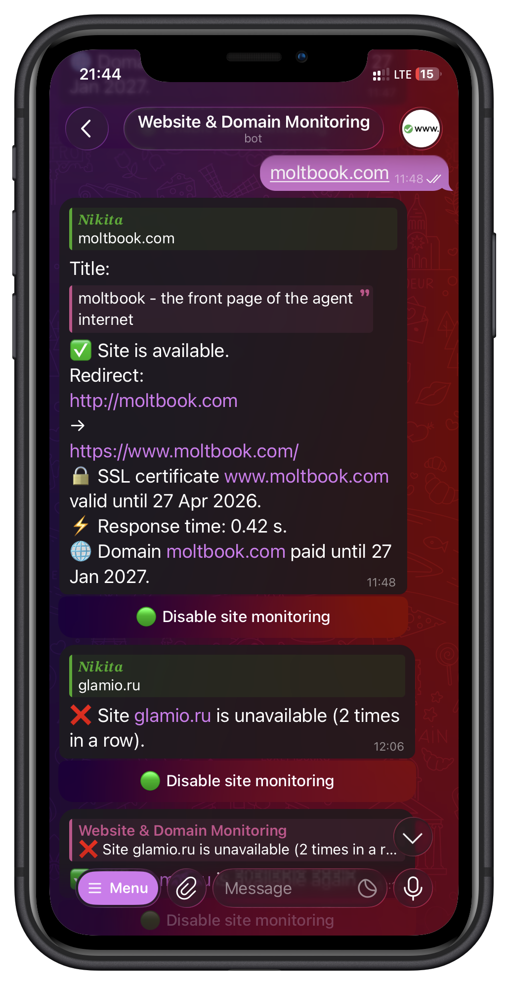 Screenshot 2 of Website & Domain Monitoring in Telegram