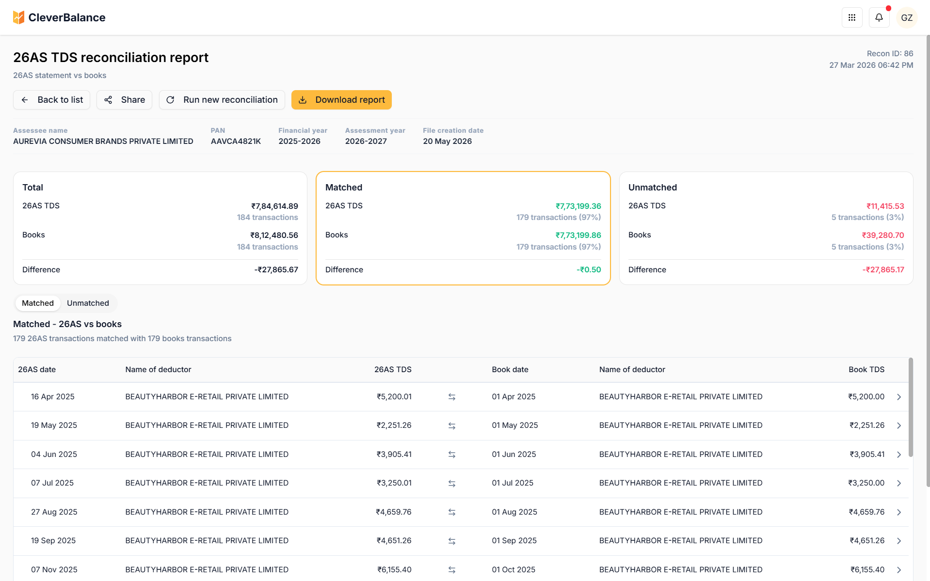 Screenshot 2 of CleverBalance — 26AS TDS Reconciliation