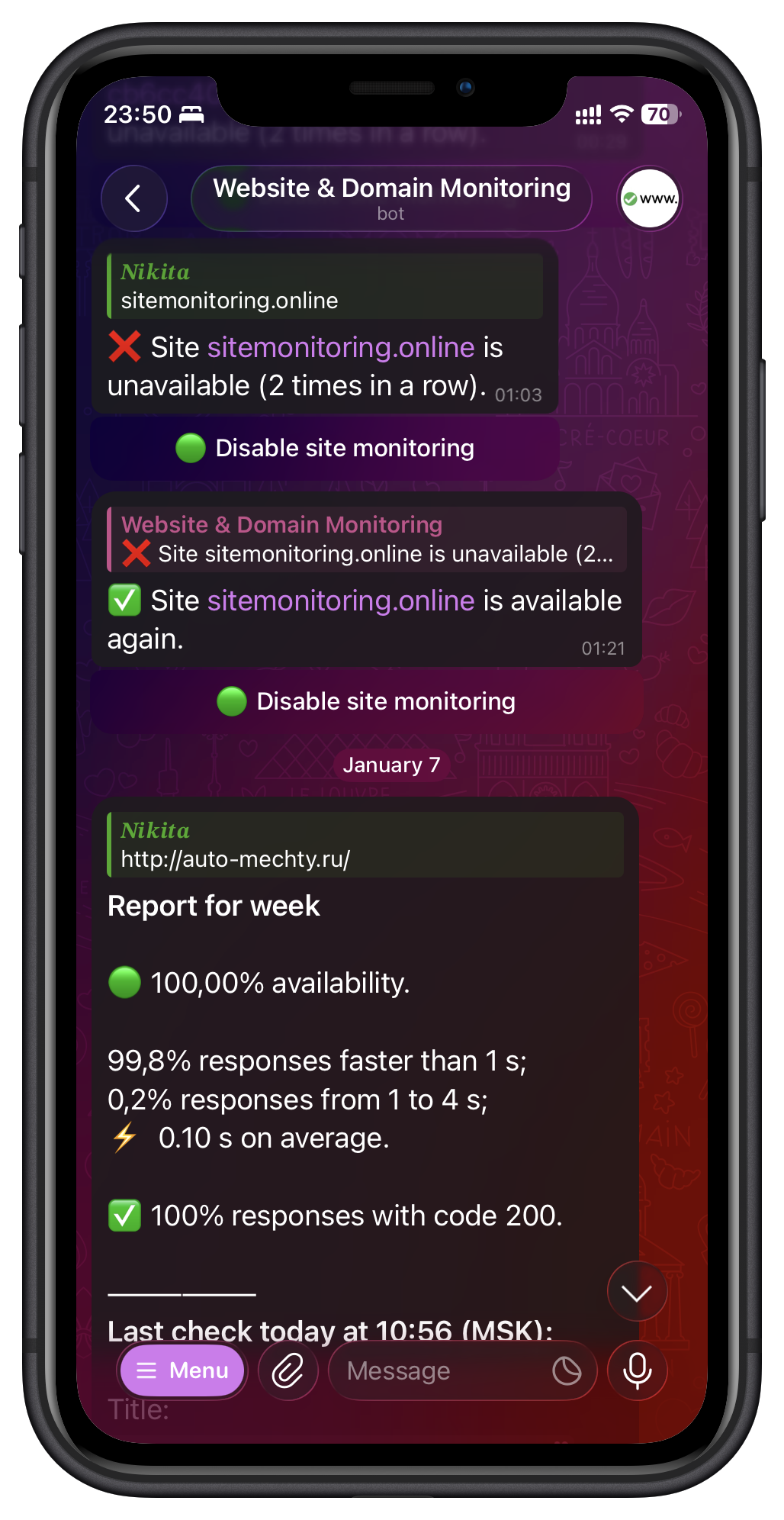 Screenshot 1 of Website & Domain Monitoring in Telegram