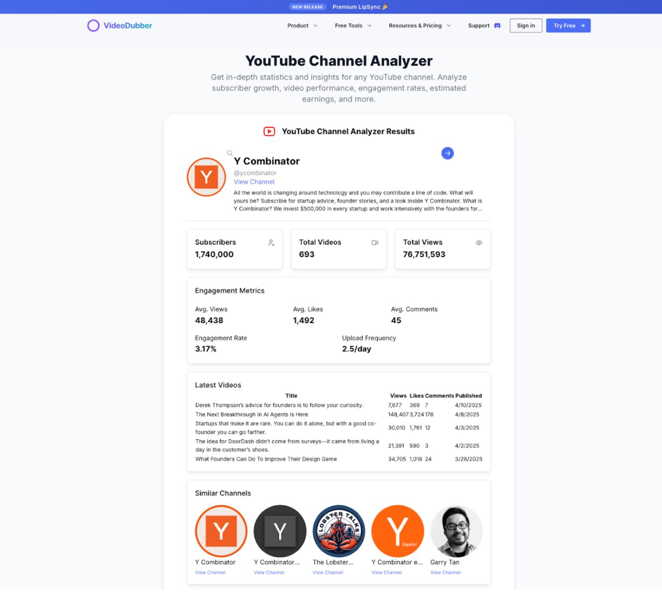 Screenshot 2 of  VideoDubber’s Youtube Channel Analyzer