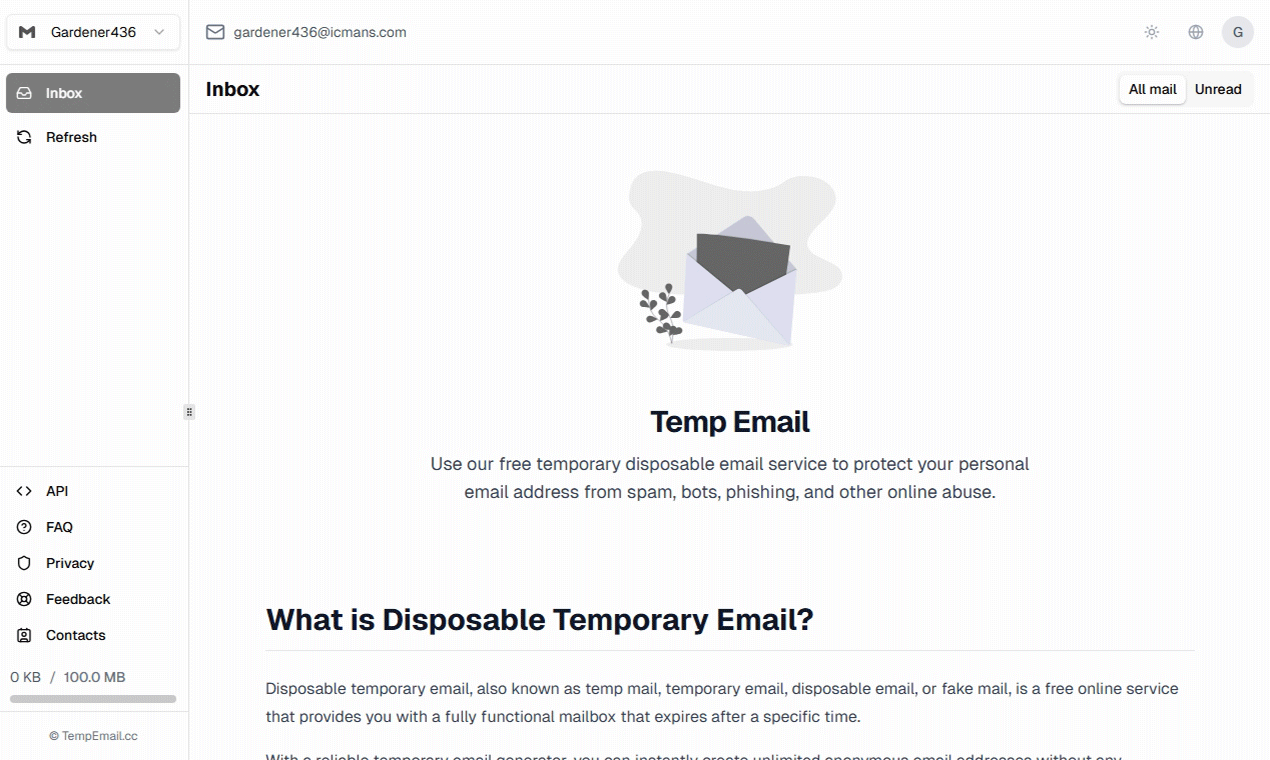 Screenshot 1 of TempEmail.cc