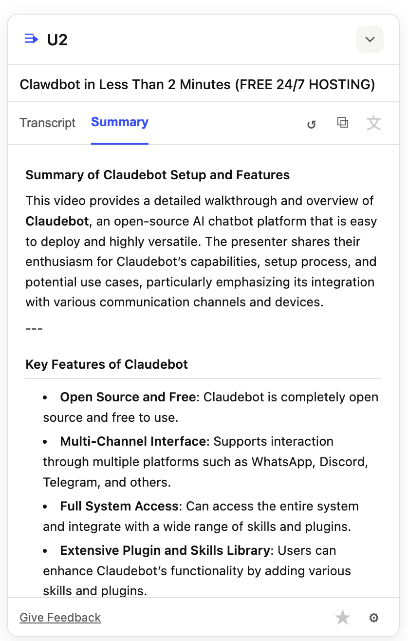 Screenshot 2 of U2 — YouTube Transcript & AI Summaries