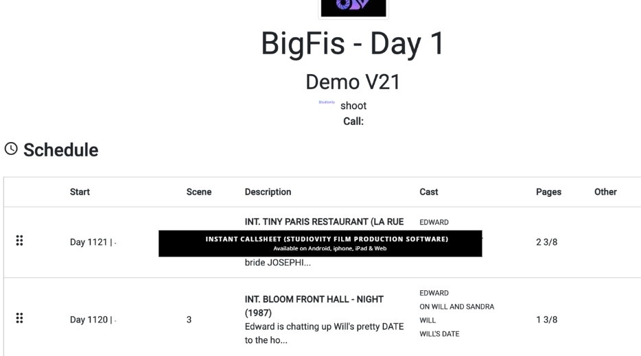 Screenshot 4 of AI Callsheet Software | Studiovity 