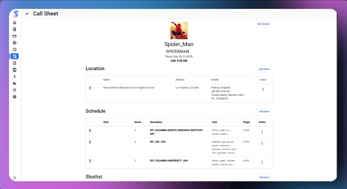 Screenshot 3 of AI Callsheet Software | Studiovity 