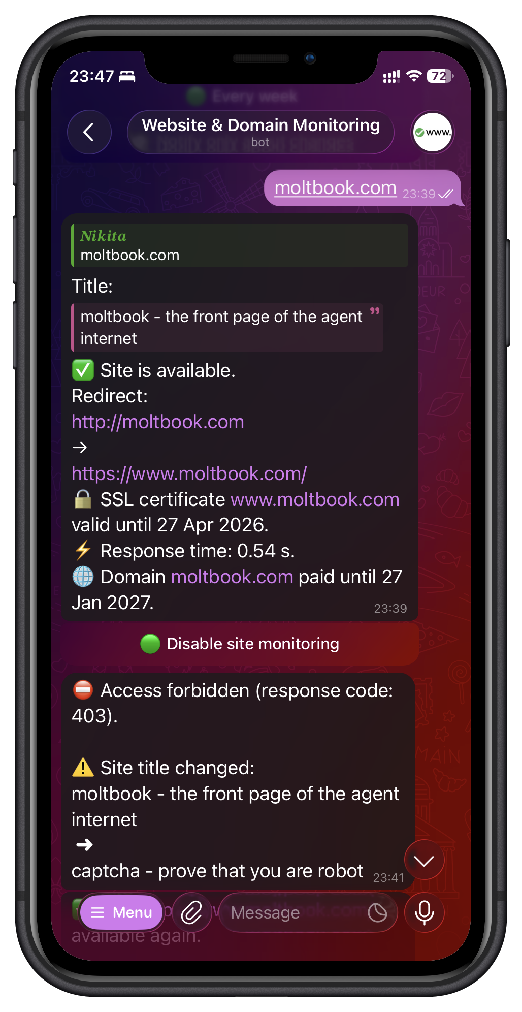 Screenshot 3 of Website & Domain Monitoring in Telegram